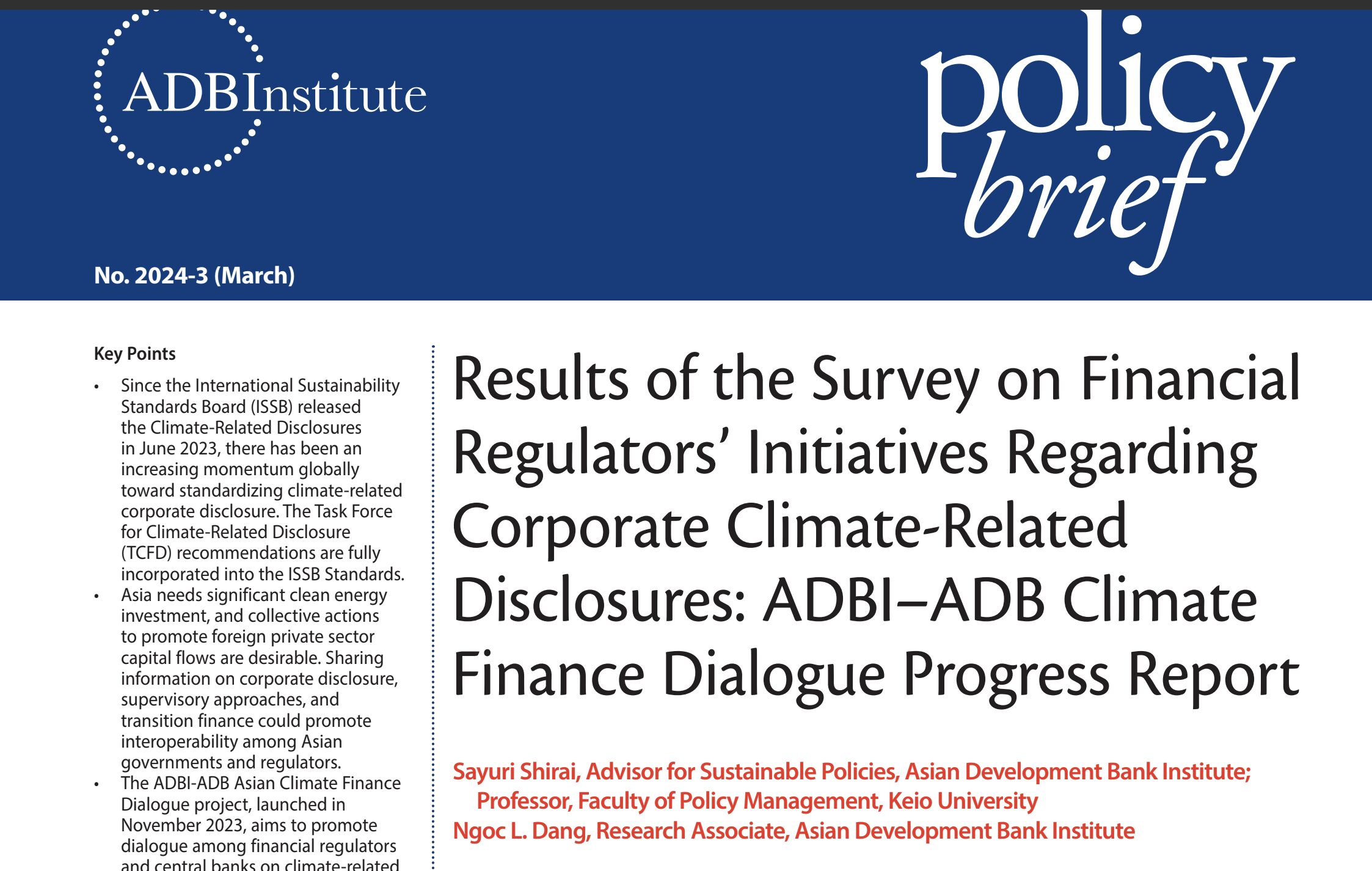 Results of the Survey on Financial Regulators’ Initiatives Regarding Corporate Climate-Related Disclosures [ADBI, 2024]